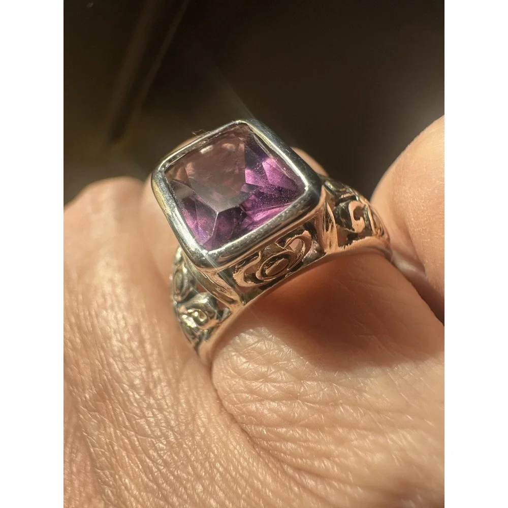 VTG 925 Sterling Silver Amethyst Ring Womens‎ Cushion Bezel Filigree Bali Style